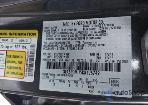 2019 Ford Fusion Hybrid Sel из США, поврежденный, VIN 3FA6P0MU5KR195749